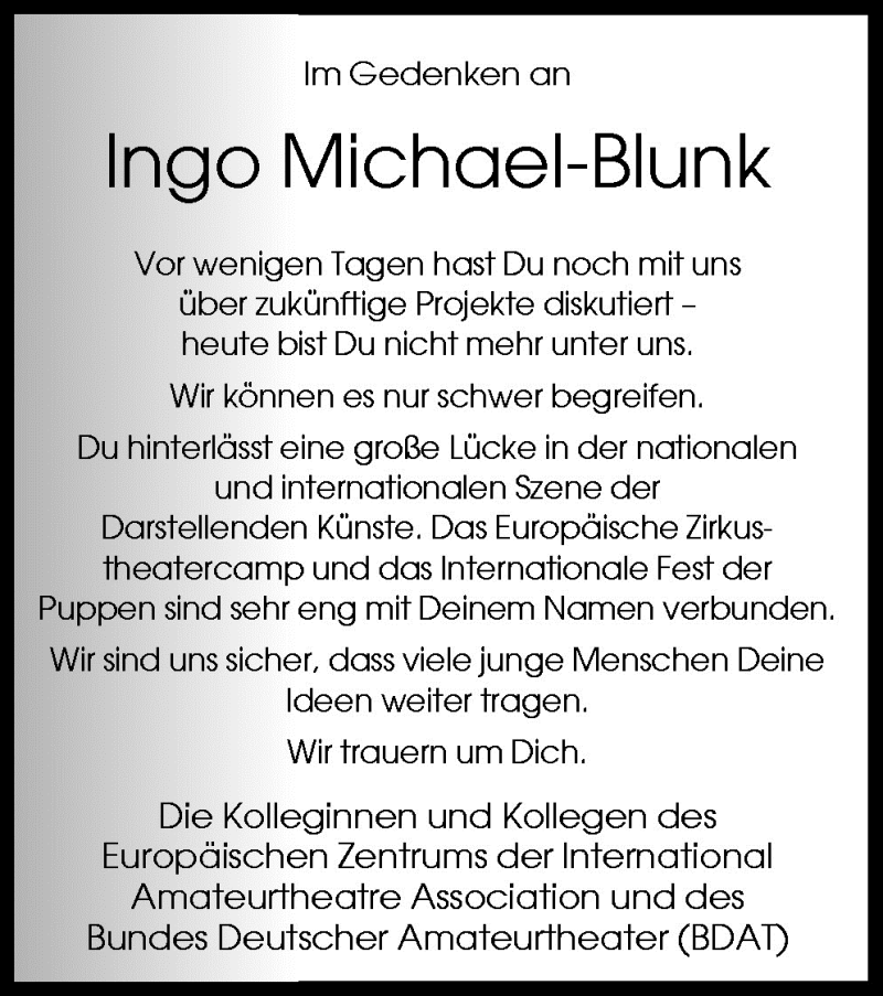  Traueranzeige für Ingo Michael-Blunk vom 09.05.2009 aus Neue Osnabrücker Zeitung GmbH & Co. KG