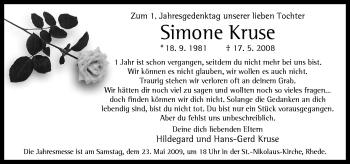 Traueranzeige von Simone Kruse von Neue Osnabrücker Zeitung GmbH & Co. KG
