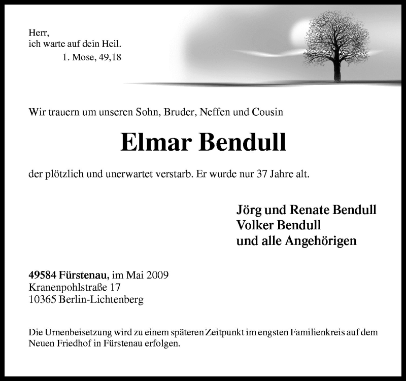  Traueranzeige für Elmar Bendull vom 12.05.2009 aus Neue Osnabrücker Zeitung GmbH & Co. KG