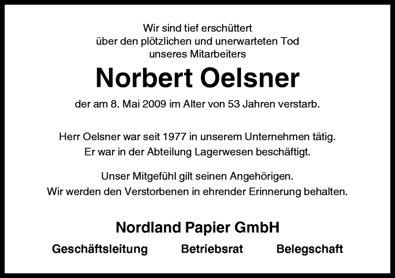  Traueranzeige für Norbert Oelsner vom 13.05.2009 aus Neue Osnabrücker Zeitung GmbH & Co. KG