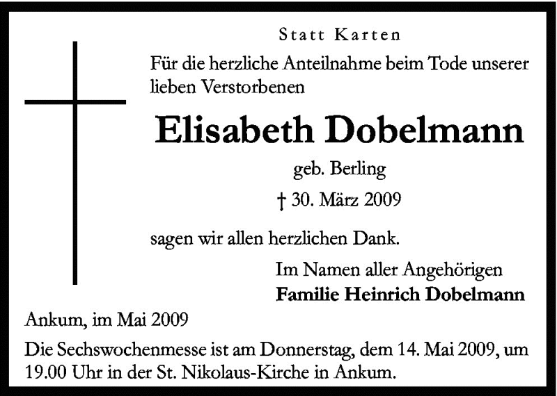  Traueranzeige für Elisabeth Dobelmann vom 13.05.2009 aus Neue Osnabrücker Zeitung GmbH & Co. KG