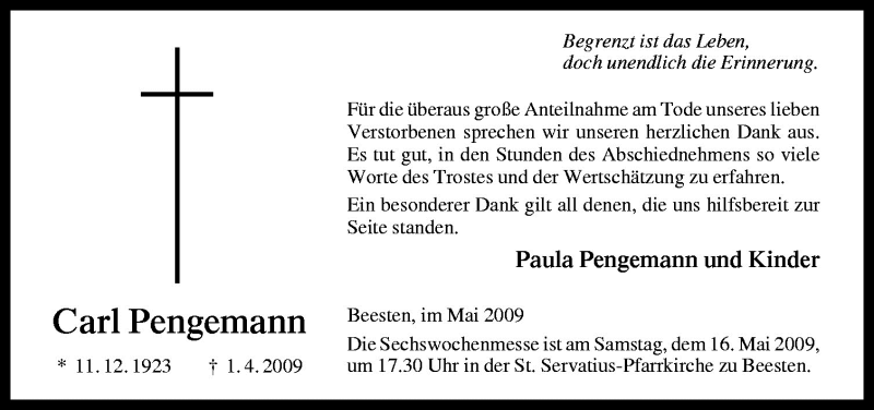  Traueranzeige für Carl Pengemann vom 13.05.2009 aus Neue Osnabrücker Zeitung GmbH & Co. KG