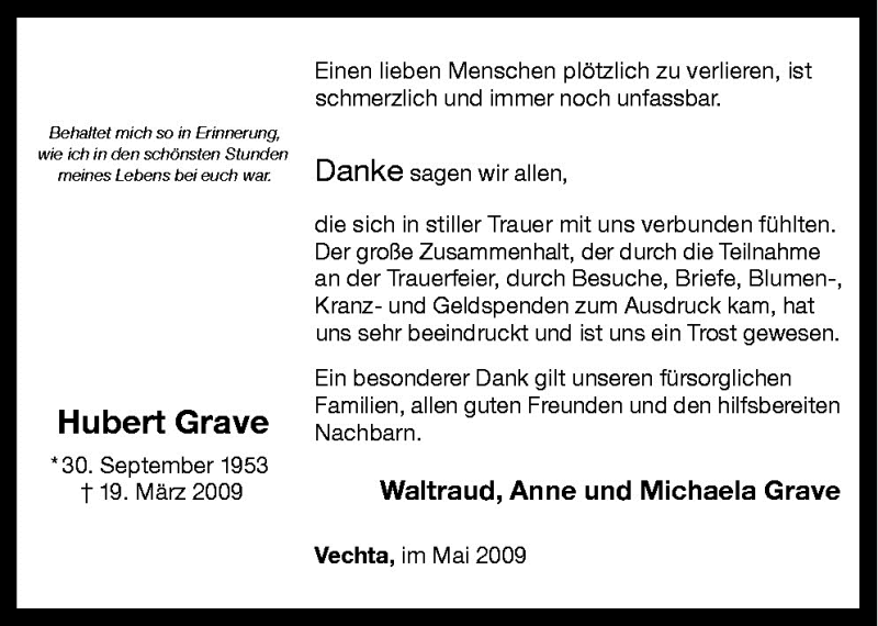  Traueranzeige für Hubert Grave vom 16.05.2009 aus Neue Osnabrücker Zeitung GmbH & Co. KG