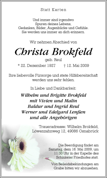 Traueranzeige von Christa Brokfeld von Neue Osnabrücker Zeitung GmbH & Co. KG