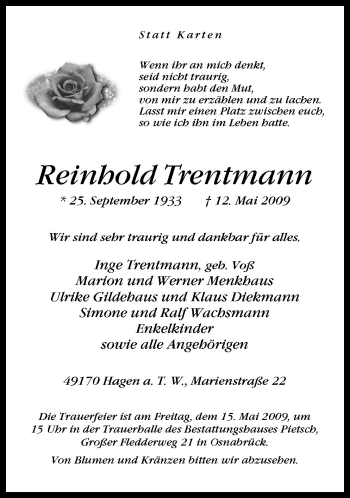 Traueranzeige von Reinhold Trentmann von Neue Osnabrücker Zeitung GmbH & Co. KG