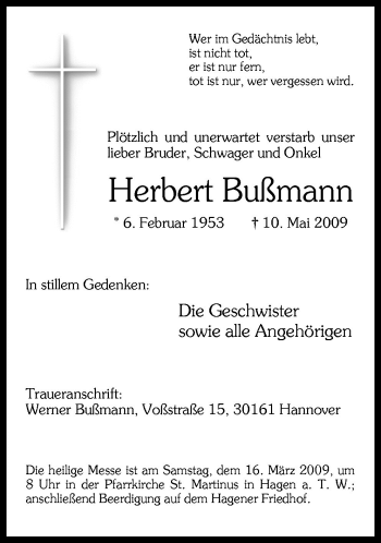 Traueranzeige von Herbert Bußmann von Neue Osnabrücker Zeitung GmbH & Co. KG