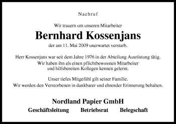 Traueranzeige von Bernhard Kossenjahns von Neue Osnabrücker Zeitung GmbH & Co. KG