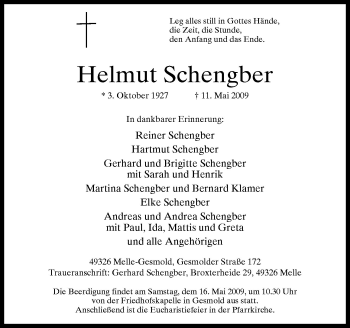 Traueranzeige von Helmut Schengber von Neue Osnabrücker Zeitung GmbH & Co. KG