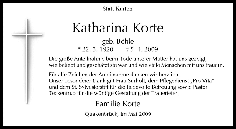  Traueranzeige für Katharina Korte vom 16.05.2009 aus Neue Osnabrücker Zeitung GmbH & Co. KG