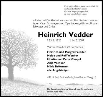 Traueranzeige von Heinrich Vedder von Neue Osnabrücker Zeitung GmbH & Co. KG