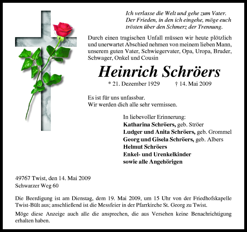  Traueranzeige für Heinrich Schröers vom 18.05.2009 aus Neue Osnabrücker Zeitung GmbH & Co. KG