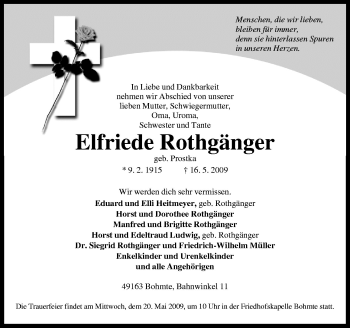 Traueranzeige von Elfriede Rothgänger von Neue Osnabrücker Zeitung GmbH & Co. KG