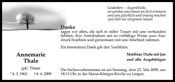 Traueranzeige von Annemarie Thale von Neue Osnabrücker Zeitung GmbH & Co. KG