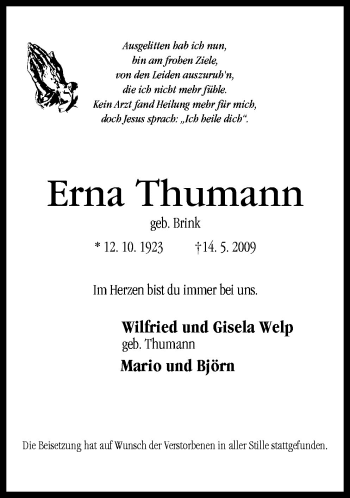 Traueranzeige von Erna Thumann von Neue Osnabrücker Zeitung GmbH & Co. KG