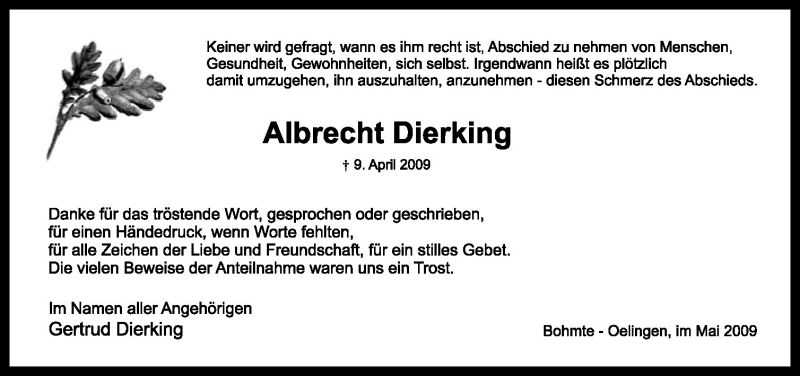  Traueranzeige für Albrecht Dierking vom 23.05.2009 aus Neue Osnabrücker Zeitung GmbH & Co. KG