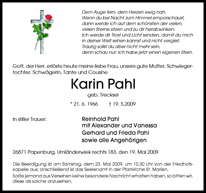  Traueranzeige für Karin Pahl vom 22.05.2009 aus Neue Osnabrücker Zeitung GmbH & Co. KG
