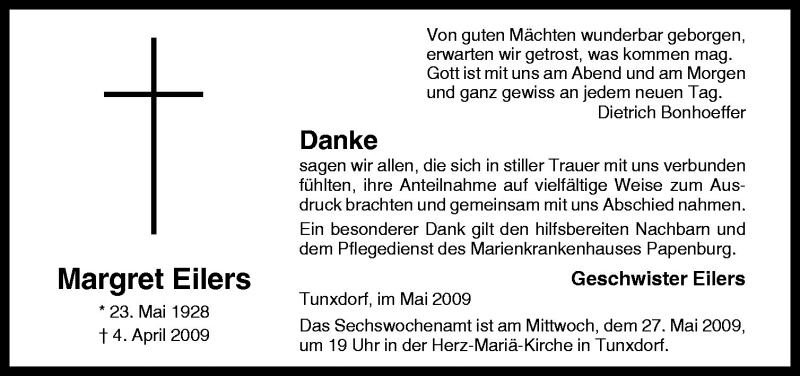  Traueranzeige für Margret Eilers vom 23.05.2009 aus Neue Osnabrücker Zeitung GmbH & Co. KG
