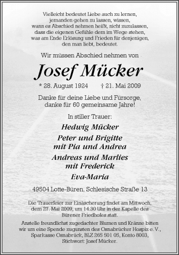 Traueranzeige von Josef Mücker von Neue Osnabrücker Zeitung GmbH & Co. KG