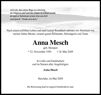 Traueranzeige von Anna Mesch von Neue Osnabrücker Zeitung GmbH & Co. KG