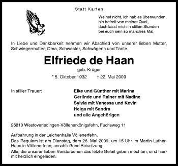 Traueranzeige von Elfriede de Haan von Neue Osnabrücker Zeitung GmbH & Co. KG