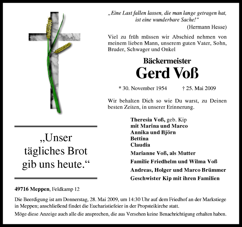  Traueranzeige für Gerd Voß vom 26.05.2009 aus Neue Osnabrücker Zeitung GmbH & Co. KG