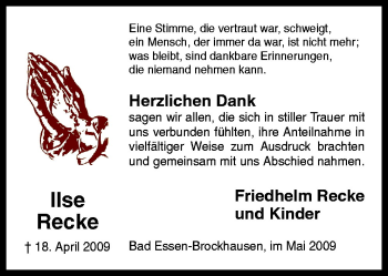 Traueranzeige von Ilse Recke von Neue Osnabrücker Zeitung GmbH & Co. KG