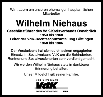 Traueranzeige von Wilhelm Niehaus von Neue Osnabrücker Zeitung GmbH & Co. KG