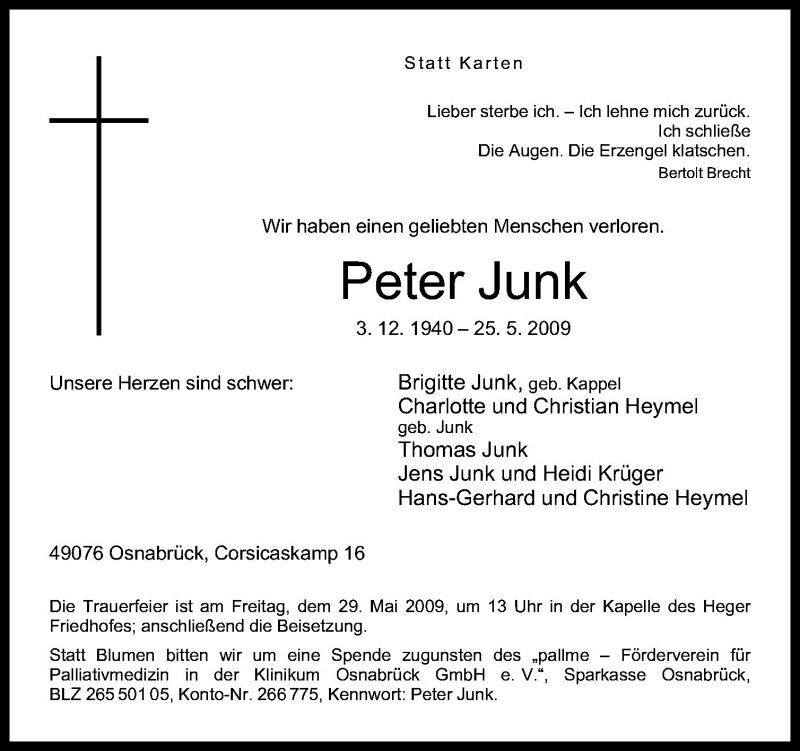  Traueranzeige für Peter Junk vom 27.05.2009 aus Neue Osnabrücker Zeitung GmbH & Co. KG