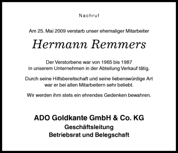 Traueranzeige von Hermann Remmers von Neue Osnabrücker Zeitung GmbH & Co. KG