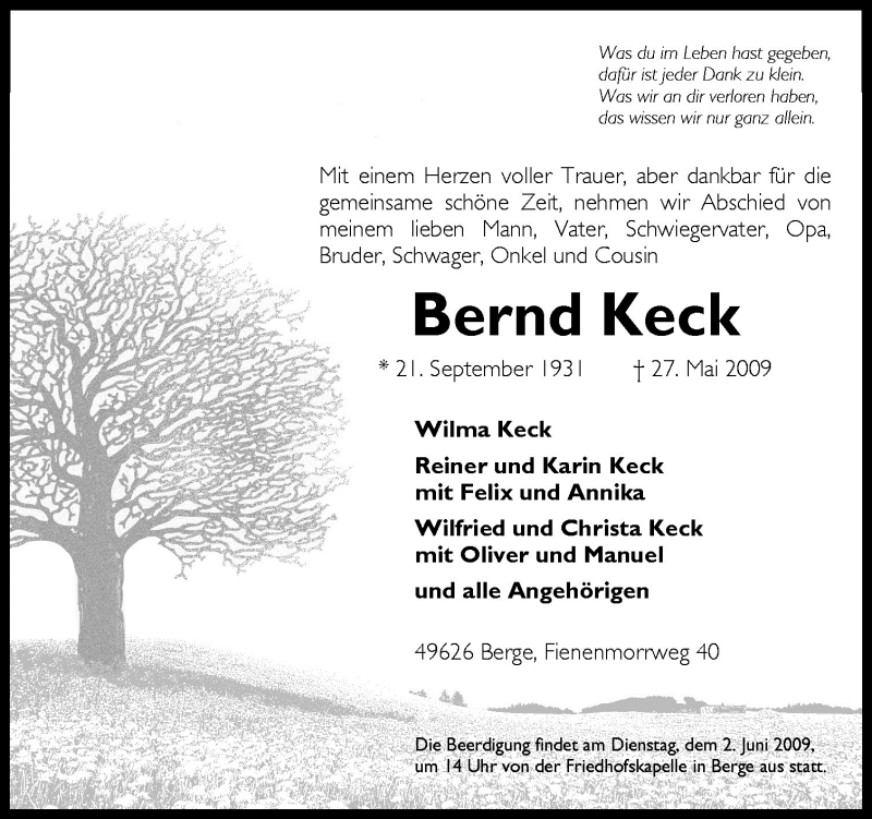  Traueranzeige für Bernd Keck vom 29.05.2009 aus Neue Osnabrücker Zeitung GmbH & Co. KG