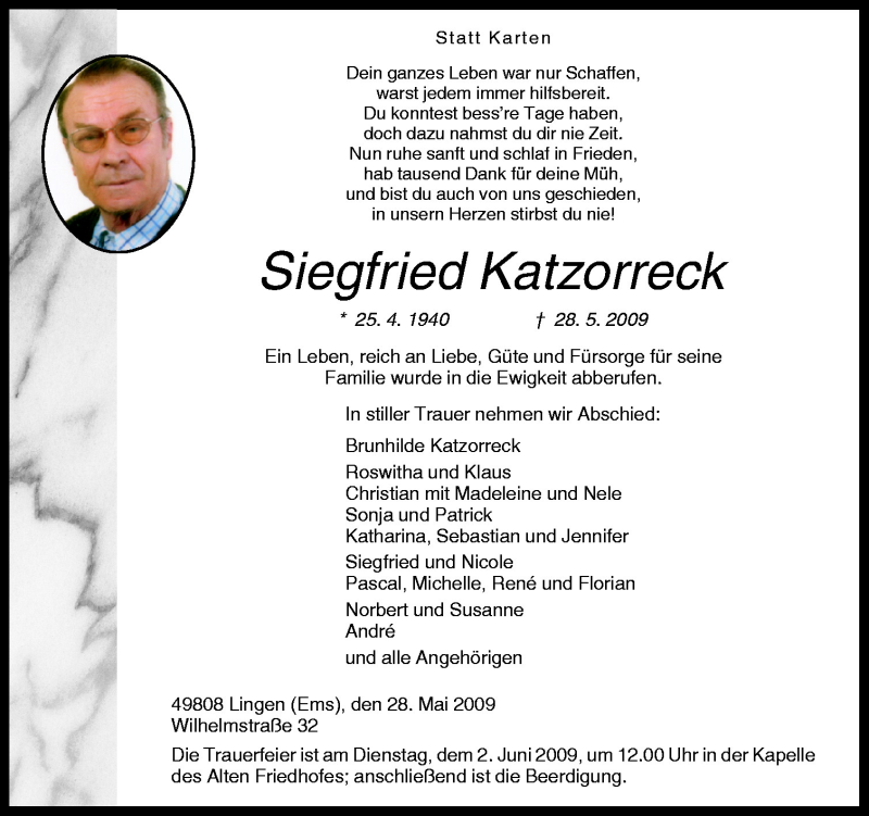  Traueranzeige für Siegfried Katzorreck vom 30.05.2009 aus Neue Osnabrücker Zeitung GmbH & Co. KG