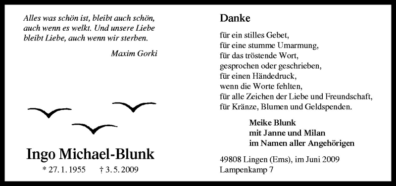  Traueranzeige für Ingo Michael-Blunk vom 03.06.2009 aus Neue Osnabrücker Zeitung GmbH & Co. KG