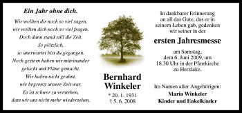 Traueranzeige von Bernhard Winkeler von Neue Osnabrücker Zeitung GmbH & Co. KG