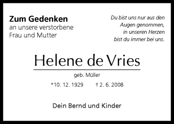 Traueranzeige von Helene de Vries von Neue Osnabrücker Zeitung GmbH & Co. KG