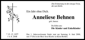 Traueranzeige von Anneliese Behnen von Neue Osnabrücker Zeitung GmbH & Co. KG
