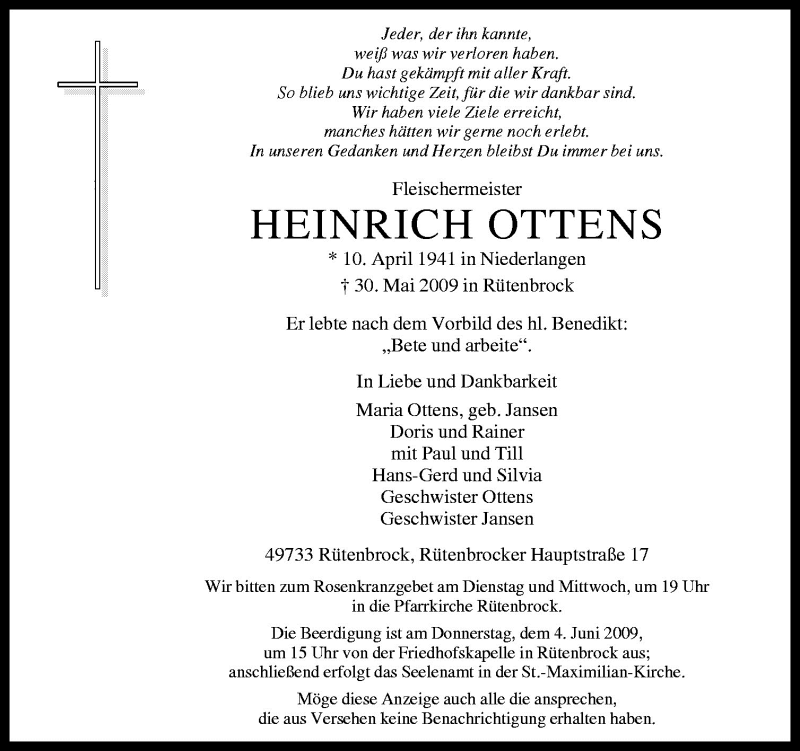  Traueranzeige für Heinrich Ottens vom 02.06.2009 aus Neue Osnabrücker Zeitung GmbH & Co. KG
