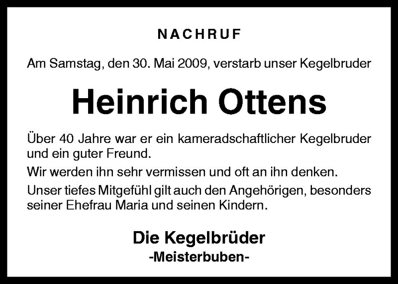  Traueranzeige für Heinrich Ottens vom 03.06.2009 aus Neue Osnabrücker Zeitung GmbH & Co. KG