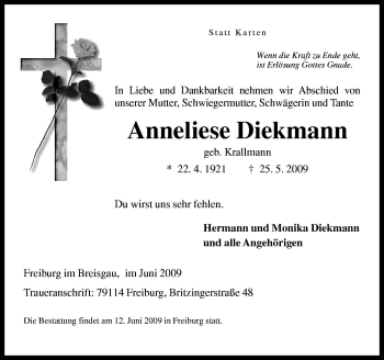 Traueranzeige von Anneliese Diekmann von Neue Osnabrücker Zeitung GmbH & Co. KG