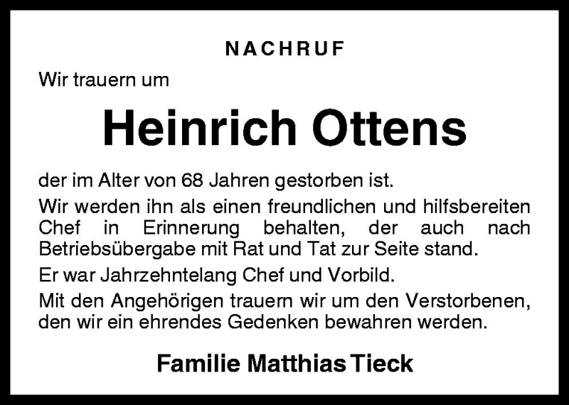 Traueranzeige für Heinrich Ottens vom 04.06.2009 aus Neue Osnabrücker Zeitung GmbH & Co. KG