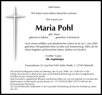 Traueranzeige von Maria Pohl von Neue Osnabrücker Zeitung GmbH & Co. KG