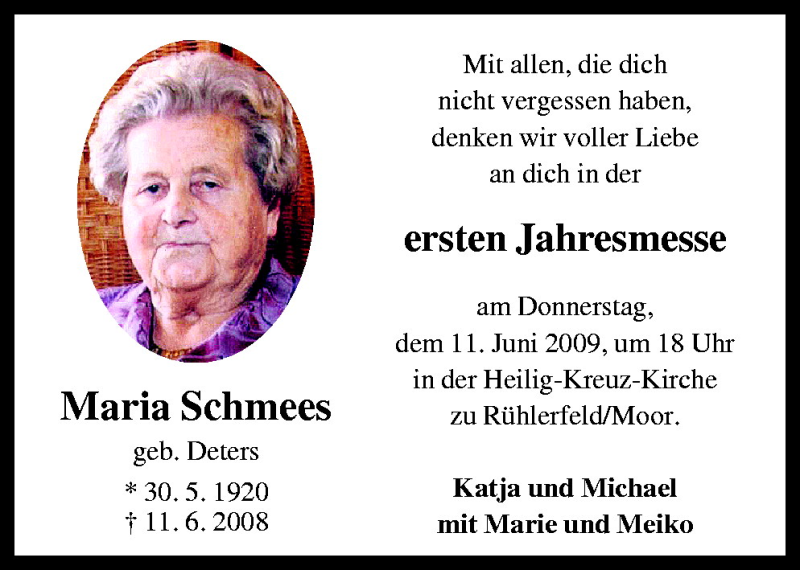  Traueranzeige für Maria Schmees vom 08.06.2009 aus Neue Osnabrücker Zeitung GmbH & Co. KG