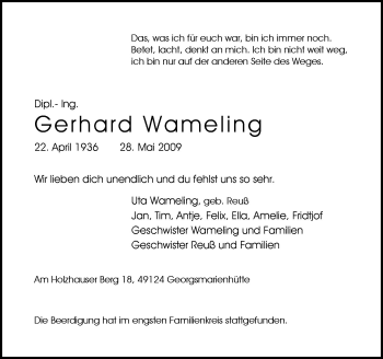 Traueranzeige von Gerhard Wameling von Neue Osnabrücker Zeitung GmbH & Co. KG