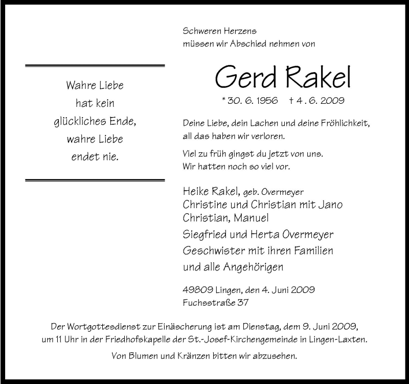  Traueranzeige für Gerd Rakel vom 06.06.2009 aus Neue Osnabrücker Zeitung GmbH & Co. KG