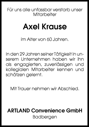 Traueranzeige von Axel Krause von Neue Osnabrücker Zeitung GmbH & Co. KG