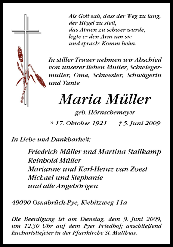 Traueranzeige von Maria Müller von Neue Osnabrücker Zeitung GmbH & Co. KG