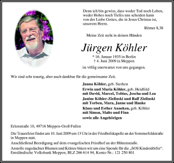 Traueranzeige von Jürgen Köhler von Neue Osnabrücker Zeitung GmbH & Co. KG