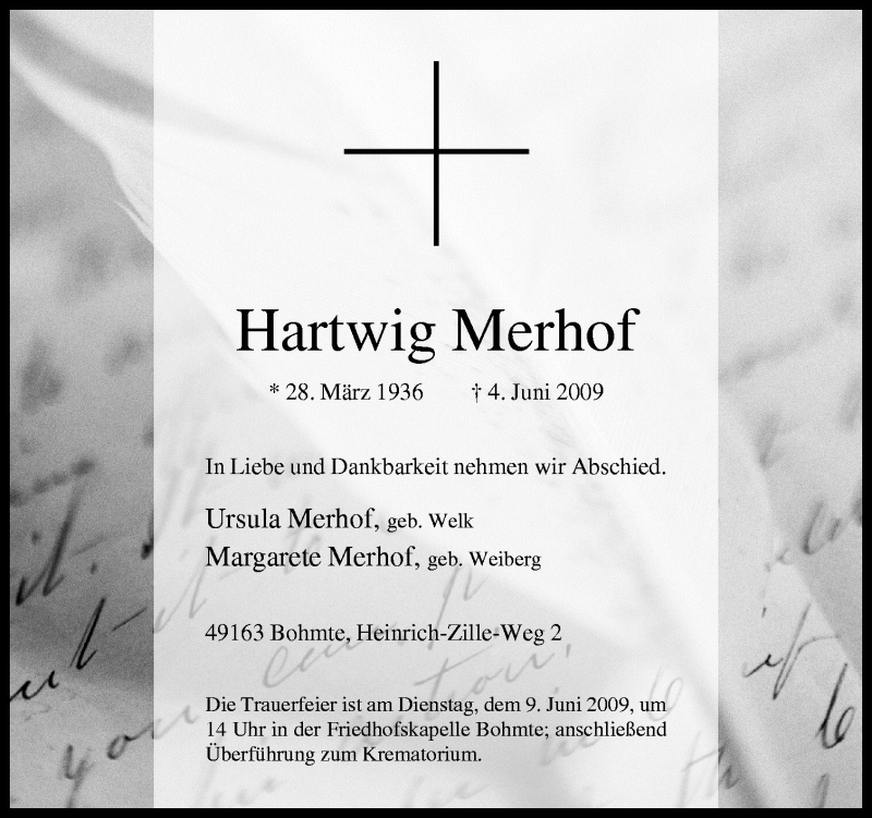  Traueranzeige für Hartwig Merhof vom 06.06.2009 aus Neue Osnabrücker Zeitung GmbH & Co. KG