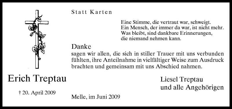  Traueranzeige für Erich Treptau vom 06.06.2009 aus Neue Osnabrücker Zeitung GmbH & Co. KG