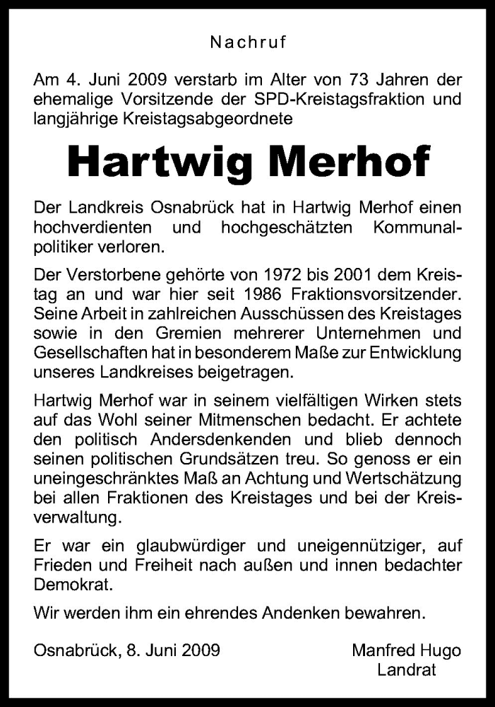  Traueranzeige für Hartwig Merhof vom 09.06.2009 aus Neue Osnabrücker Zeitung GmbH & Co. KG