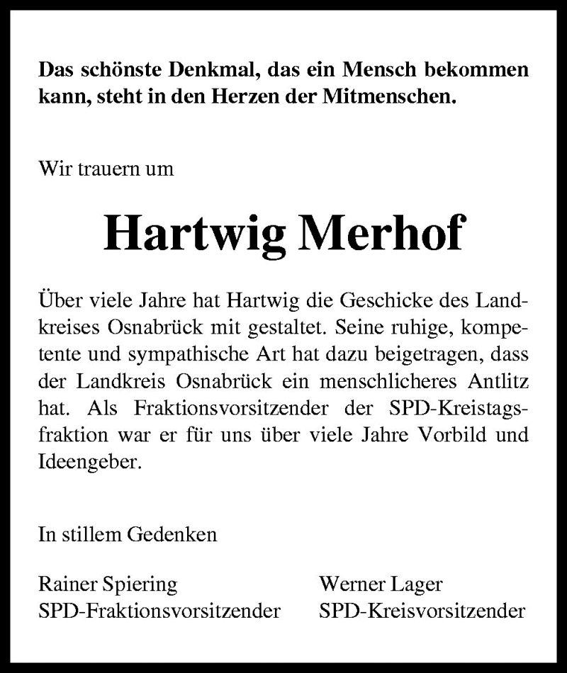  Traueranzeige für Hartwig Merhof vom 09.06.2009 aus Neue Osnabrücker Zeitung GmbH & Co. KG